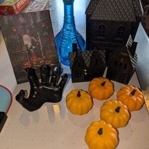 Halloween Decor Set with Black Houses and Orange Pumpkins